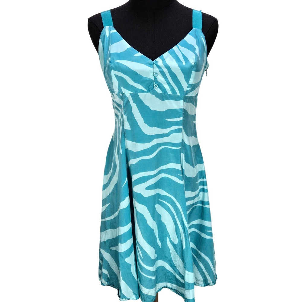 Women's Y2K Guess Medium Teal Zebra Print Silk Blend Babydoll Midi Dress Beach